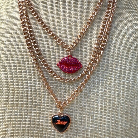 Juicy Couture Layered Necklace With Heart & Lips Charms In Rose Gold-Tone Metal - Picture 1 of 9